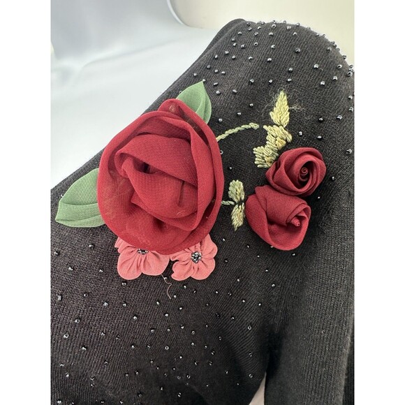 Vintage Tiara International Embroidered Cardigan Black Floral Sweater Womens M - Picture 3 of 13